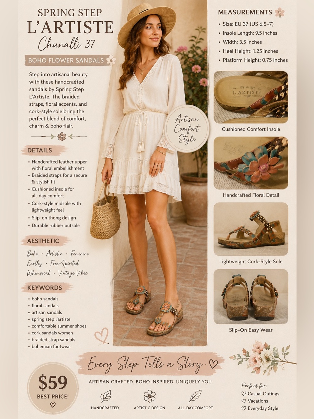 L'ARTISTE Braided Tan Thong Sandals with Turquoise & Coral Accents